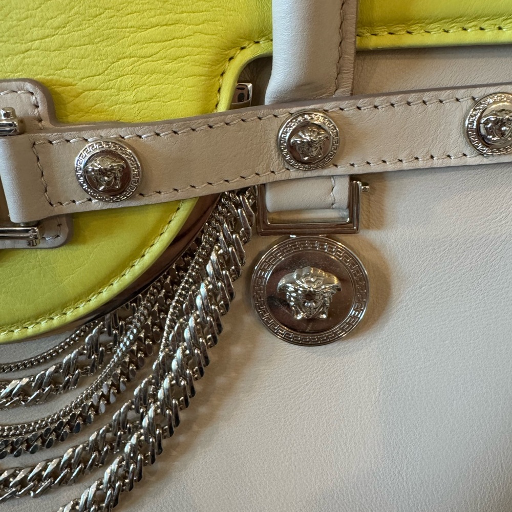 Versace Medusa Signature Satchel DBFD705 Cream Yellow Leather Chain Tote Purse - Picture 4 of 16